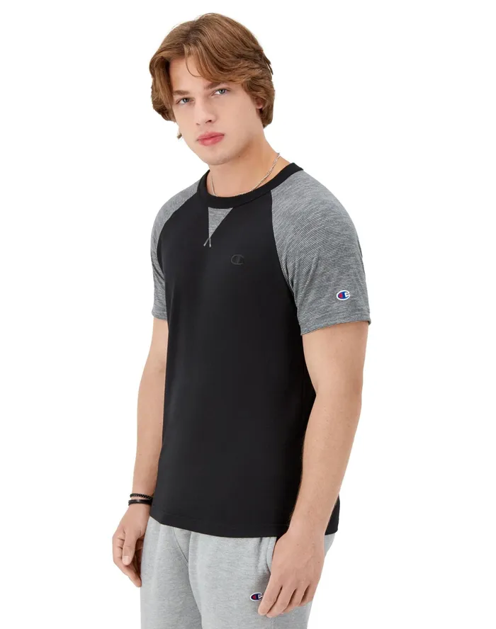 Raglan Sleeve TShirt Striped C Logo Blackblackmanhattan Mist Men Champion TShirts and Tops
