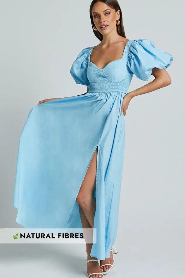 Raiza Midi Dress 8211 Shirred Waist Puff Sleeve Dress In Aqua Women Showpo Dresses