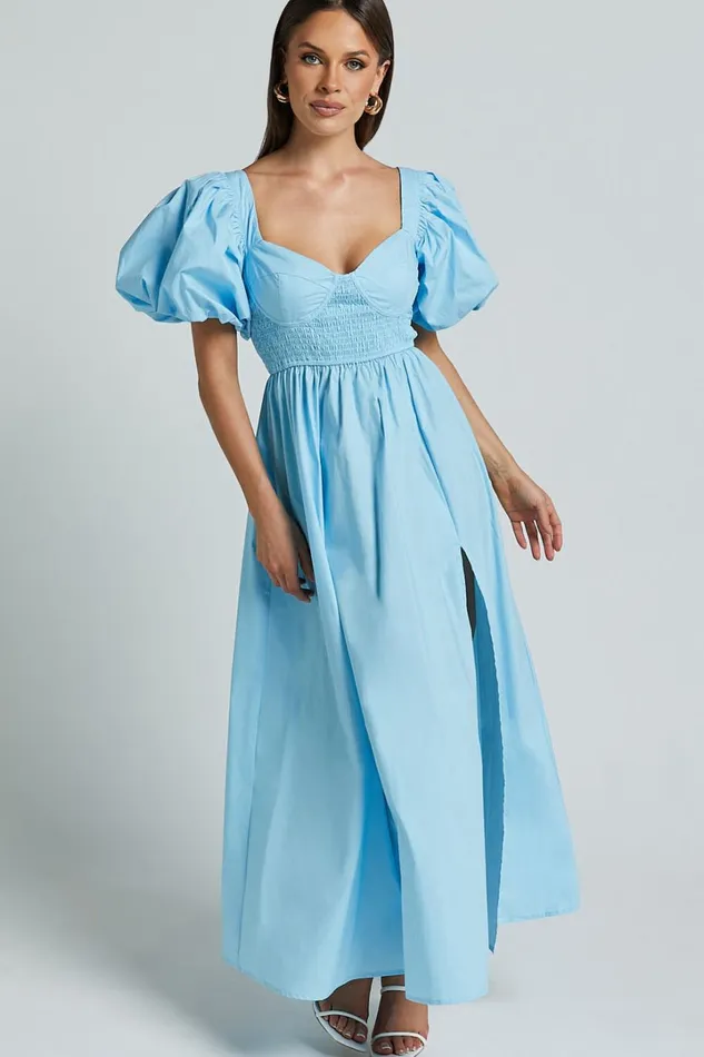 Raiza Midi Dress 8211 Shirred Waist Puff Sleeve Dress In Aqua Women Showpo Dresses