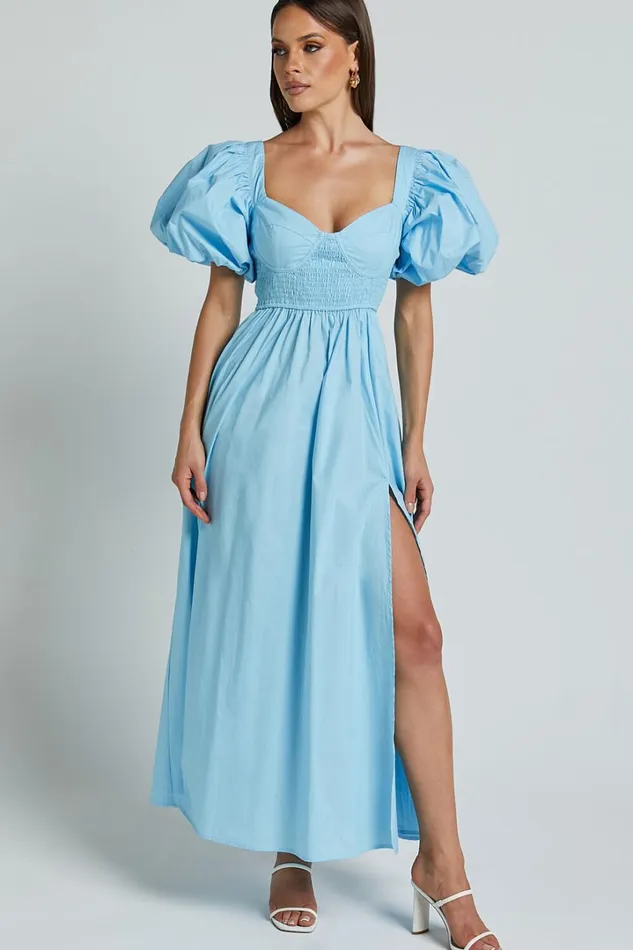 Raiza Midi Dress 8211 Shirred Waist Puff Sleeve Dress In Aqua Women Showpo Dresses