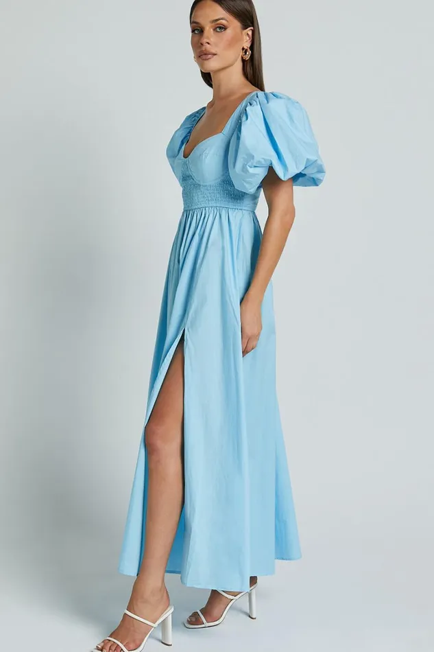 Raiza Midi Dress 8211 Shirred Waist Puff Sleeve Dress In Aqua Women Showpo Dresses
