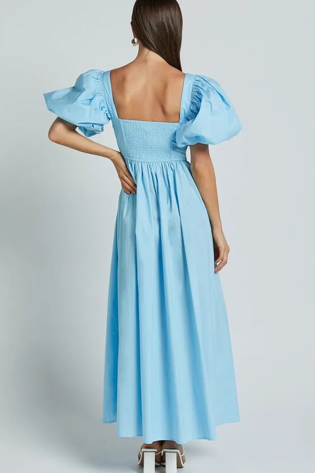Raiza Midi Dress 8211 Shirred Waist Puff Sleeve Dress In Aqua Women Showpo Dresses