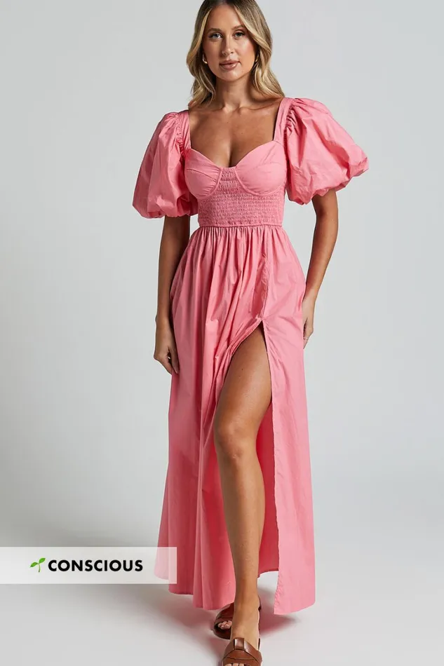 Raiza Midi Dress 8211 Shirred Waist Puff Sleeve Dress In Coral Pink Women Showpo Curve Clothes Raiza Midi Dress 8211 Shirred Waist Puff Sleeve Dress In Coral Pink Women Showpo Curve Clothes