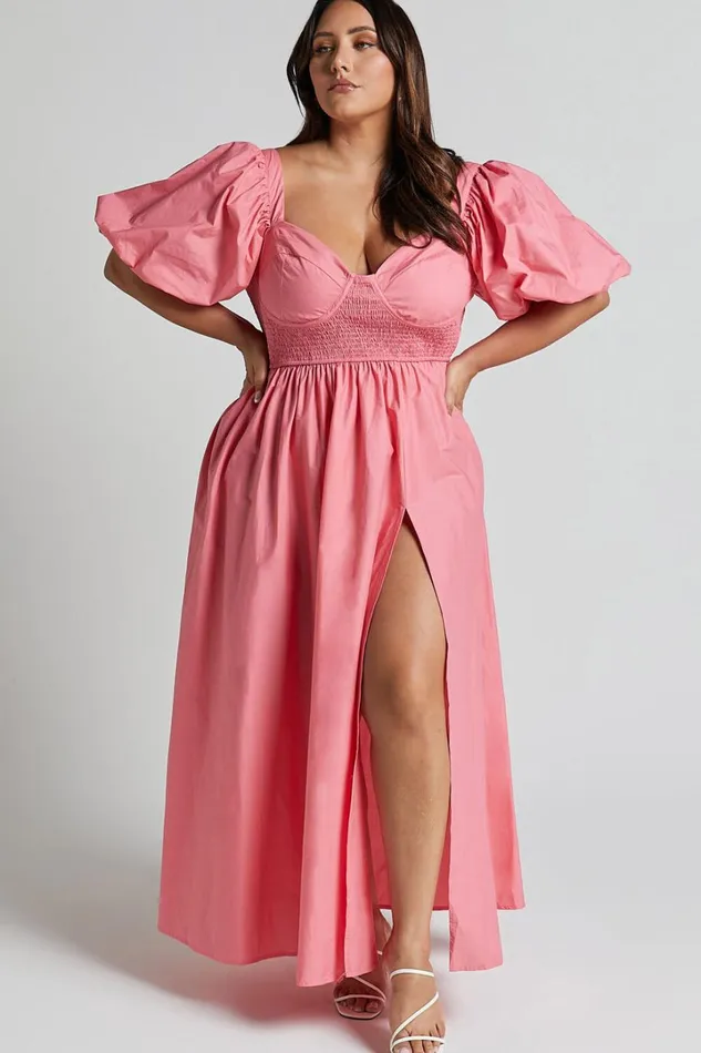 Raiza Midi Dress 8211 Shirred Waist Puff Sleeve Dress In Coral Pink Women Showpo Curve Clothes