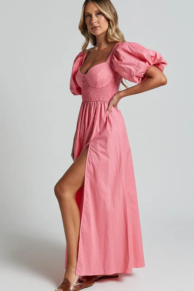 Raiza Midi Dress 8211 Shirred Waist Puff Sleeve Dress In Coral Pink Women Showpo Curve Clothes