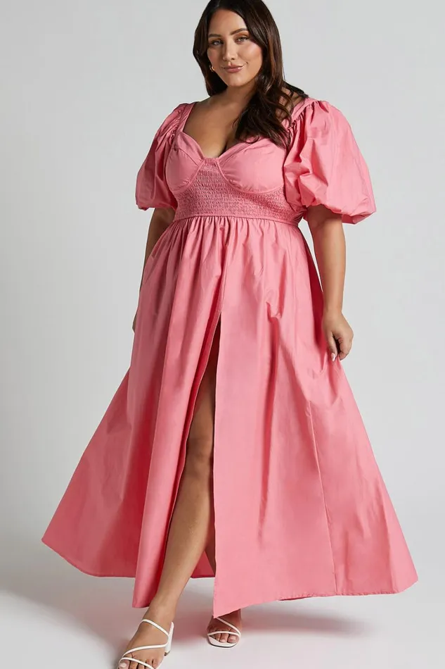 Raiza Midi Dress 8211 Shirred Waist Puff Sleeve Dress In Coral Pink Women Showpo Curve Clothes