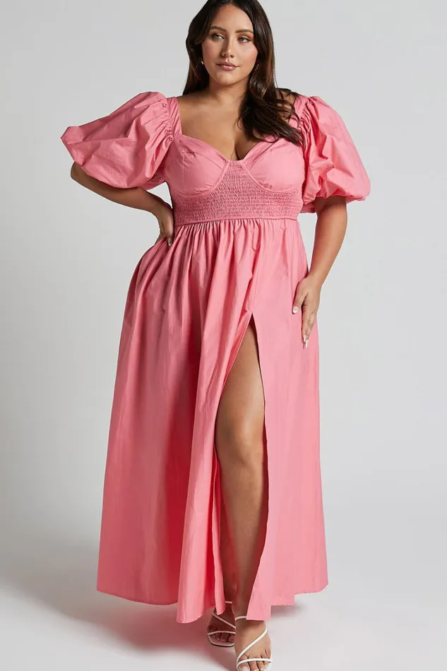 Raiza Midi Dress 8211 Shirred Waist Puff Sleeve Dress In Coral Pink Women Showpo Curve Clothes