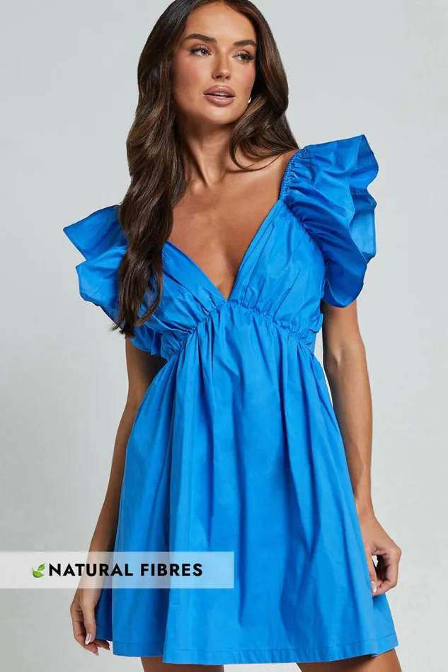 Raiza Mini Dress 8211 Ruffle Sleeve Tie Back Plunge Dress In Blue Women Showpo Curve Clothes Raiza Mini Dress 8211 Ruffle Sleeve Tie Back Plunge Dress In Blue Women Showpo Curve Clothes
