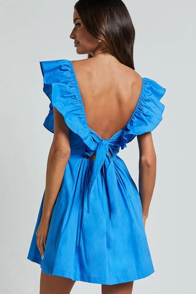 Raiza Mini Dress 8211 Ruffle Sleeve Tie Back Plunge Dress In Blue Women Showpo Curve Clothes