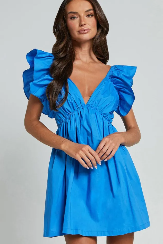Raiza Mini Dress 8211 Ruffle Sleeve Tie Back Plunge Dress In Blue Women Showpo Curve Clothes