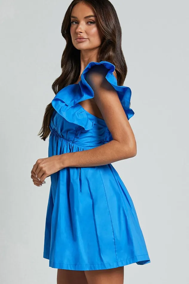 Raiza Mini Dress 8211 Ruffle Sleeve Tie Back Plunge Dress In Blue Women Showpo Curve Clothes