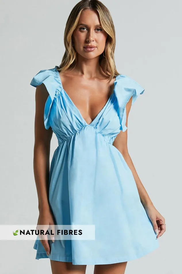 Raiza Mini Dress 8211 Ruffle Sleeve Tie Back Plunge Dress In Bright Blue Women Showpo Conscious Raiza Mini Dress 8211 Ruffle Sleeve Tie Back Plunge Dress In Bright Blue Women Showpo Conscious