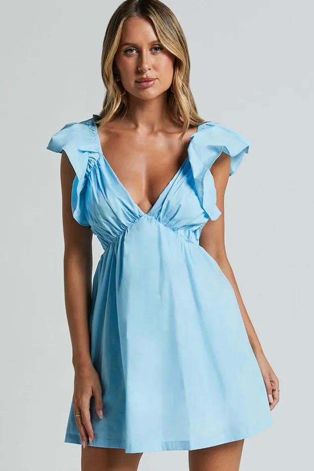 Raiza Mini Dress 8211 Ruffle Sleeve Tie Back Plunge Dress In Bright Blue Women Showpo Conscious