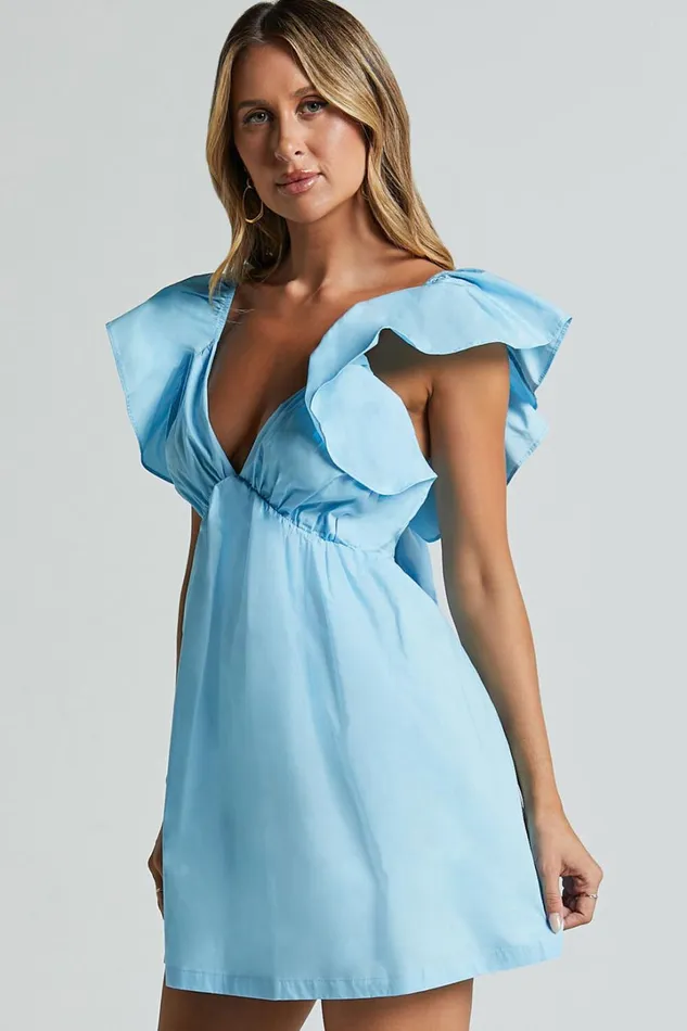 Raiza Mini Dress 8211 Ruffle Sleeve Tie Back Plunge Dress In Bright Blue Women Showpo Conscious