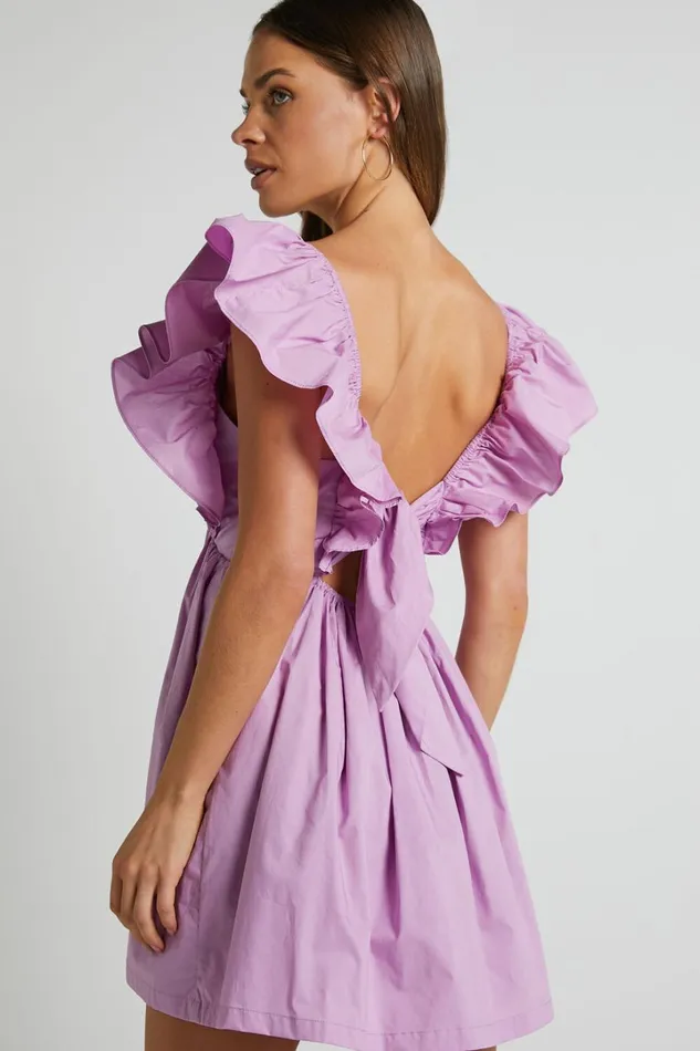 Raiza Mini Dress 8211 Ruffle Sleeve Tie Back Plunge Dress In Lilac Women Showpo Curve Clothes