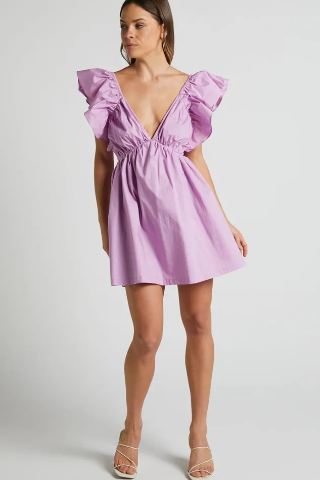 Raiza Mini Dress 8211 Ruffle Sleeve Tie Back Plunge Dress In Lilac Women Showpo Curve Clothes