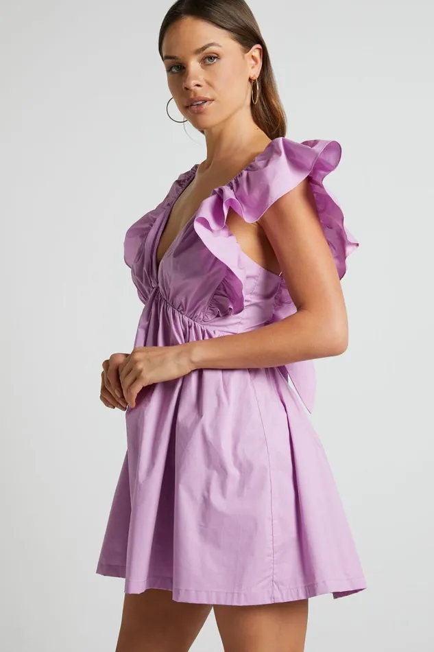 Raiza Mini Dress 8211 Ruffle Sleeve Tie Back Plunge Dress In Lilac Women Showpo Curve Clothes