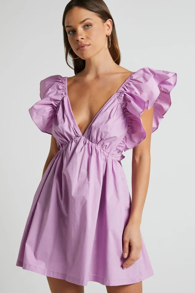 Raiza Mini Dress 8211 Ruffle Sleeve Tie Back Plunge Dress In Lilac Women Showpo Curve Clothes