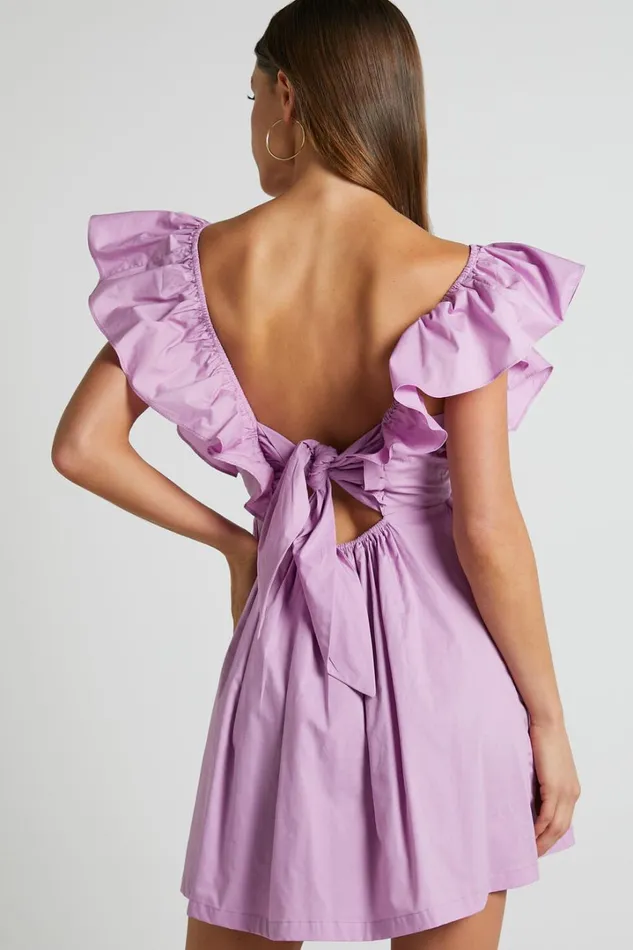 Raiza Mini Dress 8211 Ruffle Sleeve Tie Back Plunge Dress In Lilac Women Showpo Curve Clothes