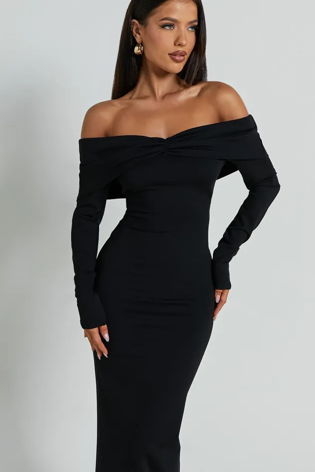 Rani Midi Dress 8211 Off Shoulder Long Sleeve Bodycon Dress In Black Women Showpo Curve Clothes