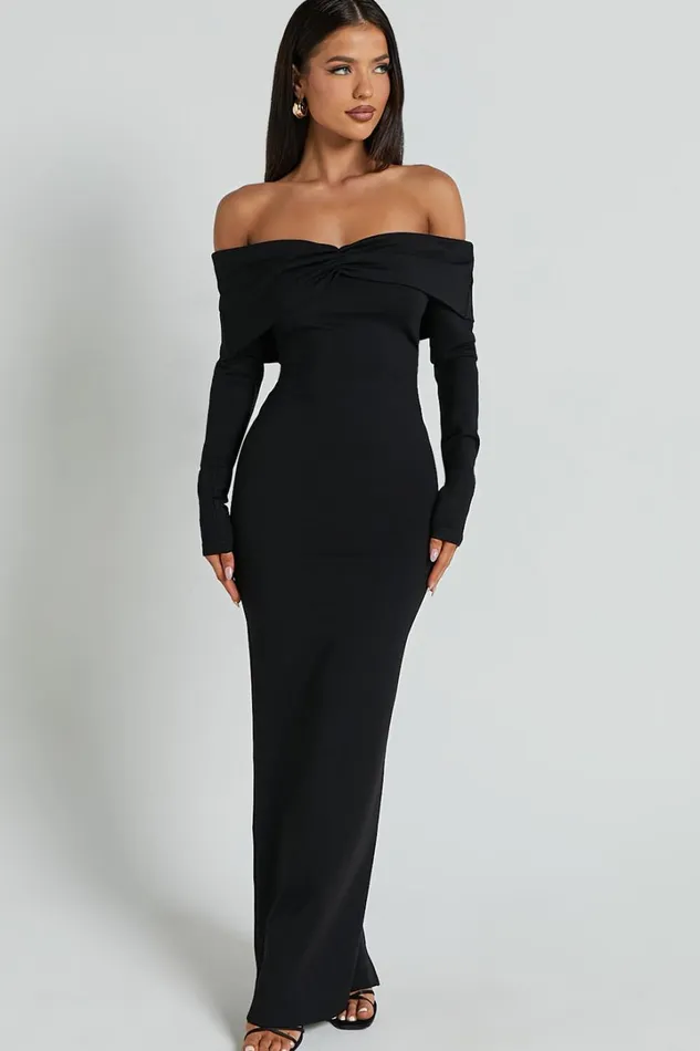 Rani Midi Dress 8211 Off Shoulder Long Sleeve Bodycon Dress In Black Women Showpo Curve Clothes