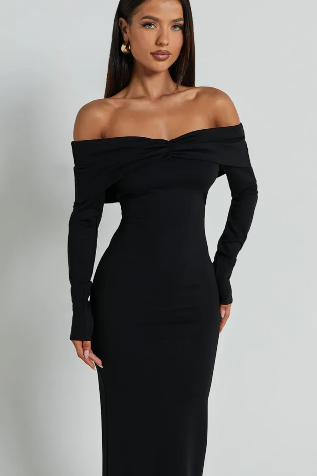 Rani Midi Dress 8211 Off Shoulder Long Sleeve Bodycon Dress In Black Women Showpo Curve Clothes