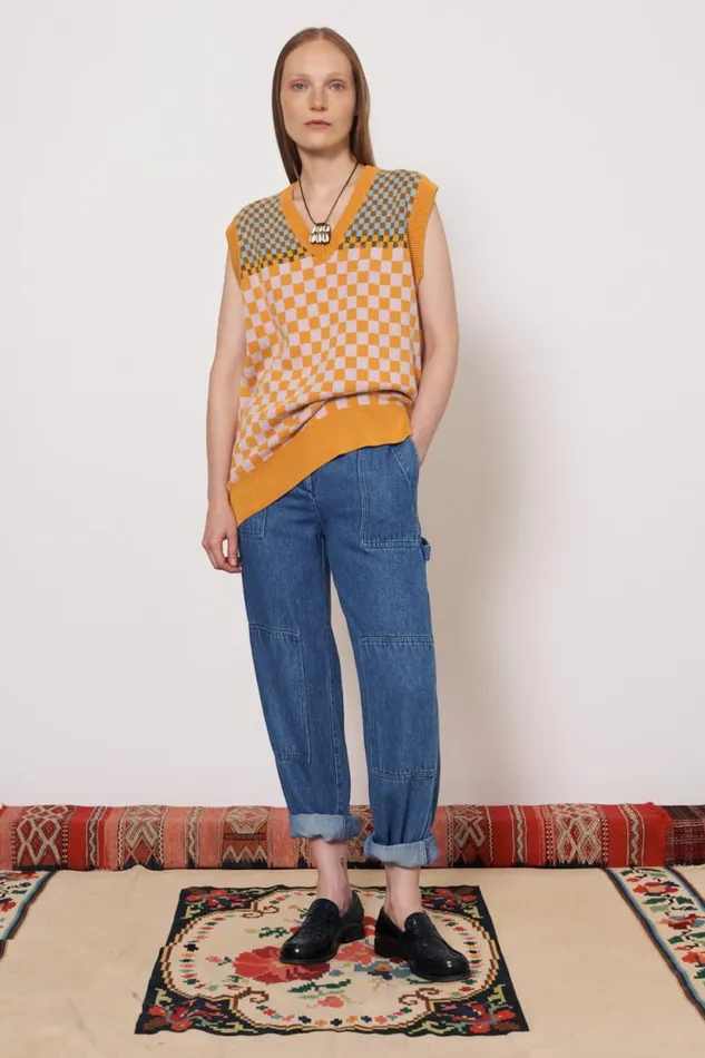 Raquel Allegra Check Blue and Gold Sudan Vest Women Sweaters and Knits