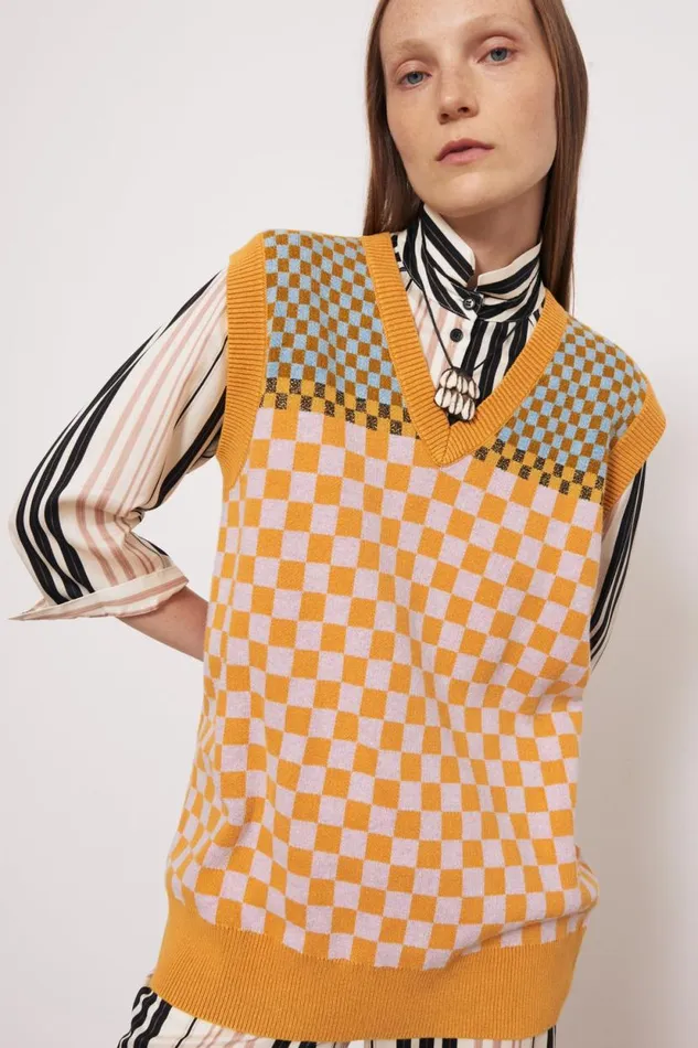 Raquel Allegra Check Blue and Gold Sudan Vest Women Sweaters and Knits
