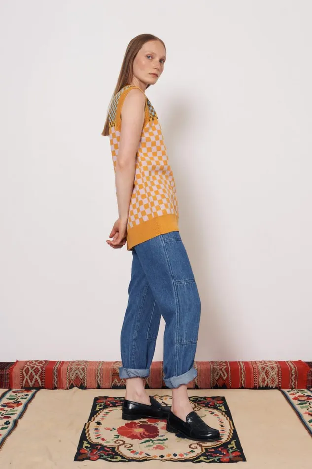 Raquel Allegra Check Blue and Gold Sudan Vest Women Sweaters and Knits