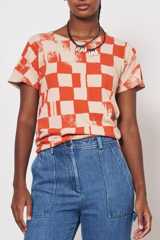 Raquel Allegra Check Camel And Tomato Kibo Tee Women Tops