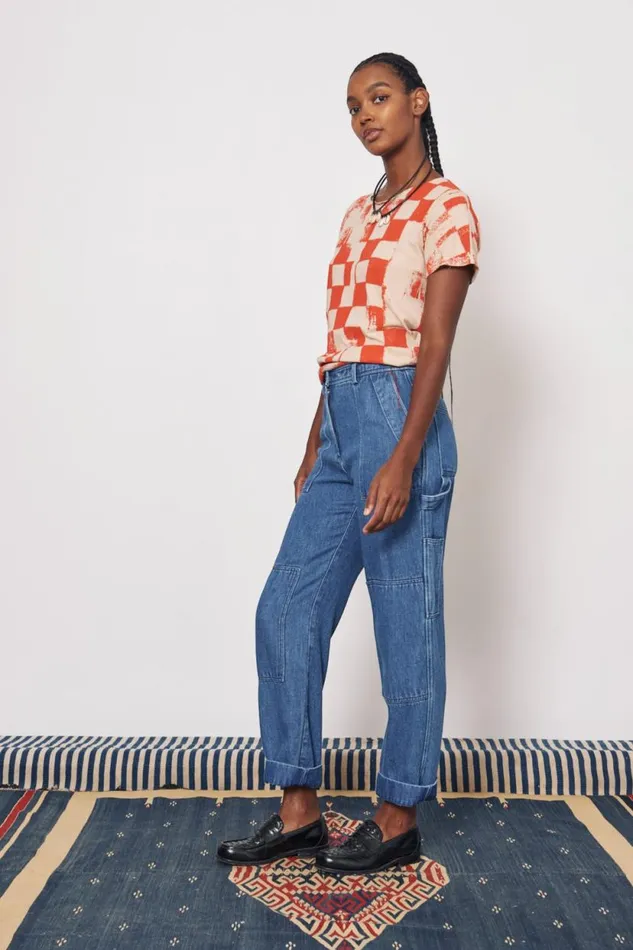 Raquel Allegra Check Camel And Tomato Kibo Tee Women Tops