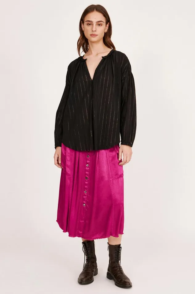 Raquel Allegra Gauze Black Poet Blouse Women Tops