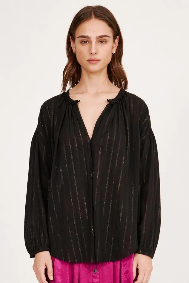 Raquel Allegra Gauze Black Poet Blouse Women Tops
