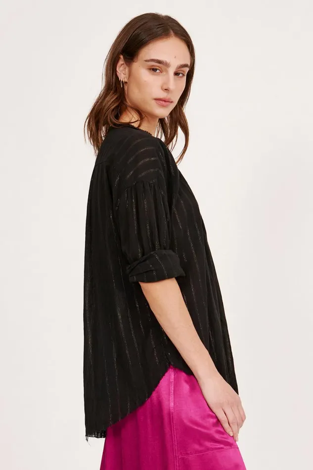 Raquel Allegra Gauze Black Poet Blouse Women Tops