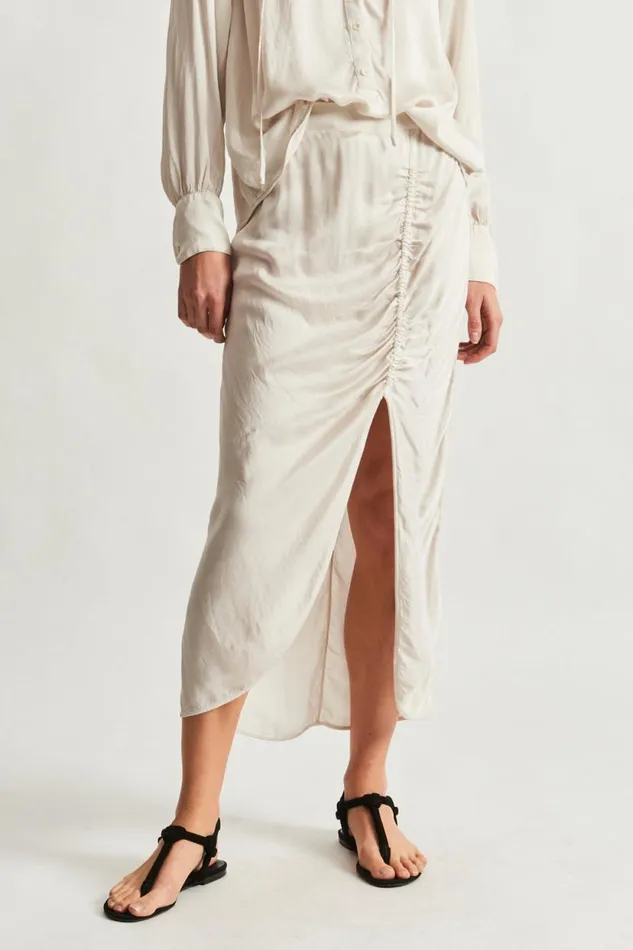 Raquel Allegra Pebble Satin Dirty White Pretoria Midi Skirt Women Bottoms