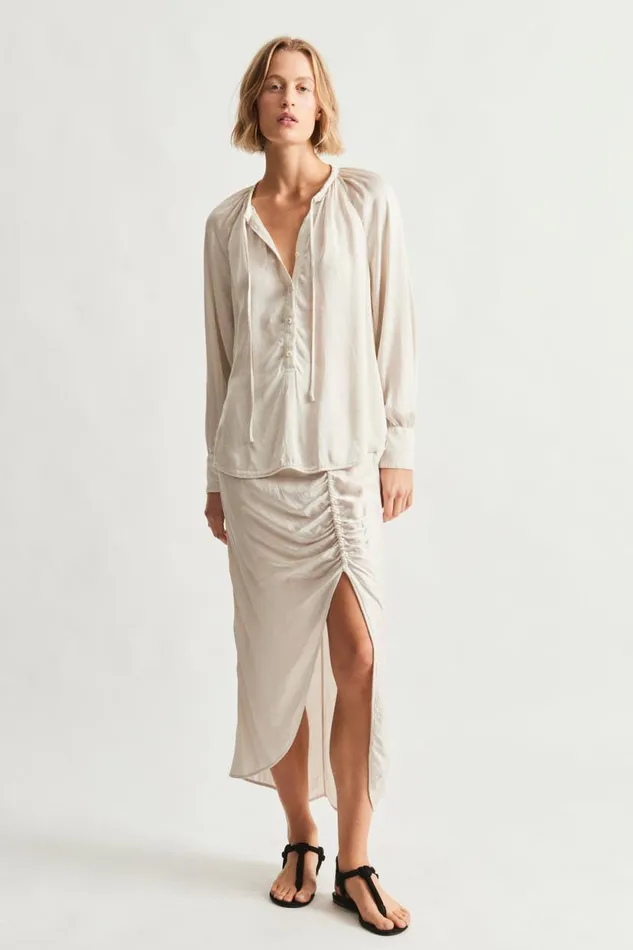 Raquel Allegra Pebble Satin Dirty White Pretoria Midi Skirt Women Bottoms