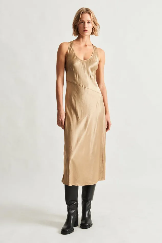 Raquel Allegra Pebble Satin Sand Valentina Midi Dress Women Bottoms