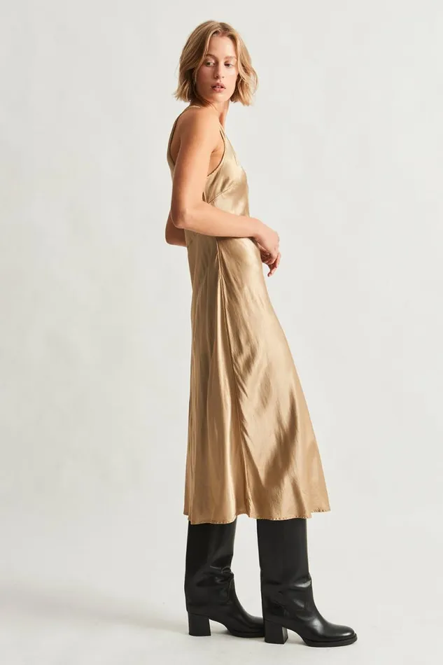 Raquel Allegra Pebble Satin Sand Valentina Midi Dress Women Bottoms