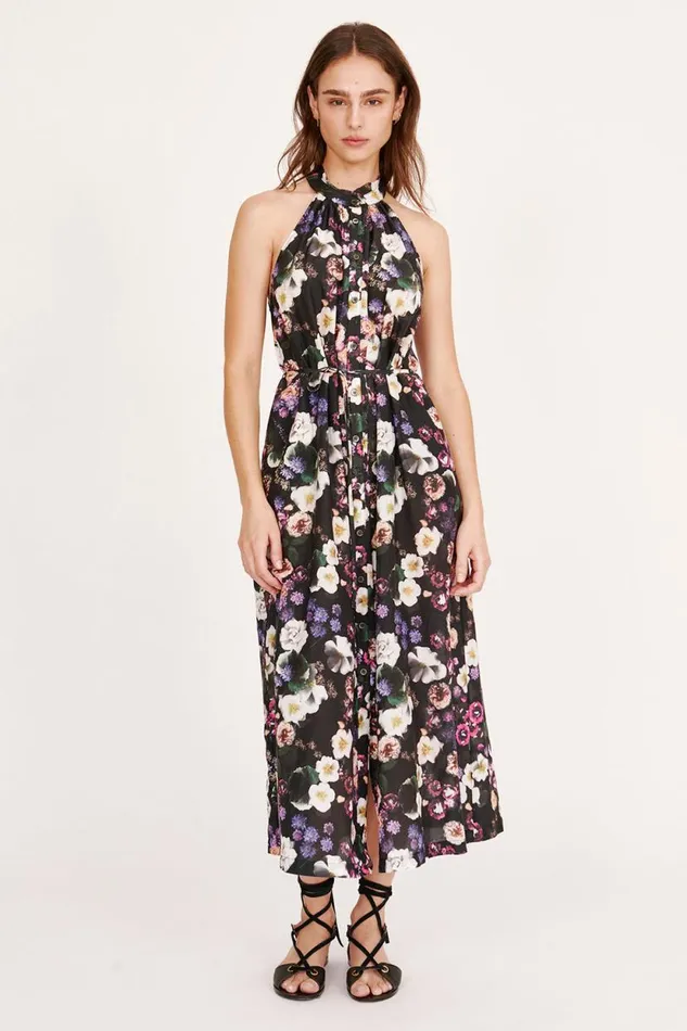 Raquel Allegra Silk Voile Black Floral Halter Midi Dress Women Dresses