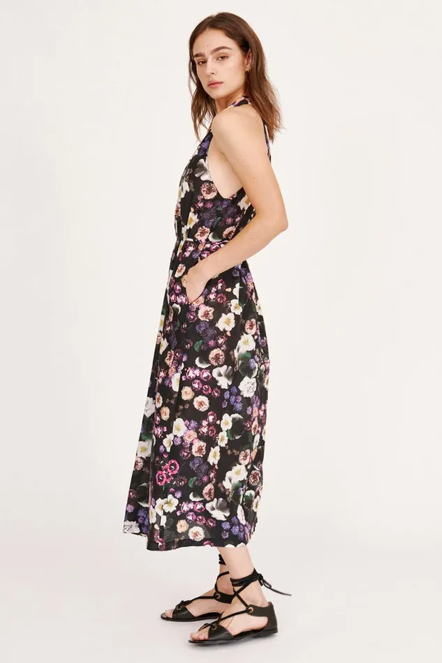 Raquel Allegra Silk Voile Black Floral Halter Midi Dress Women Dresses