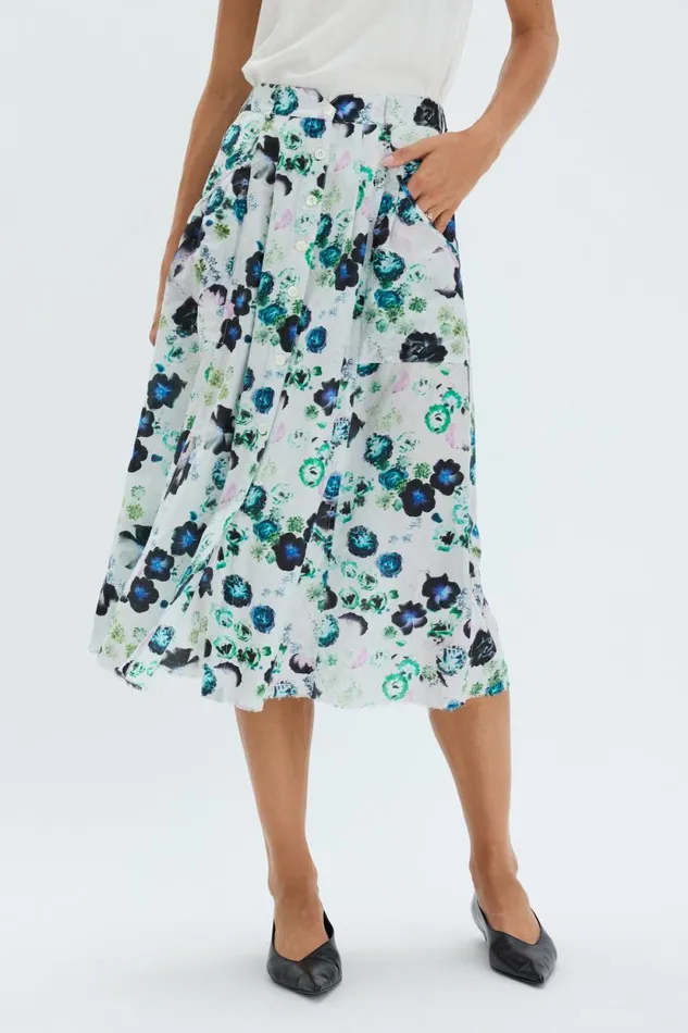 Raquel Allegra Silk Voile White Floral Franklin Skirt Women Bottoms