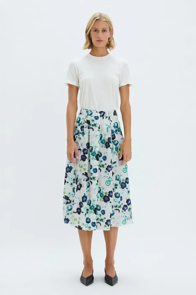 Raquel Allegra Silk Voile White Floral Franklin Skirt Women Bottoms