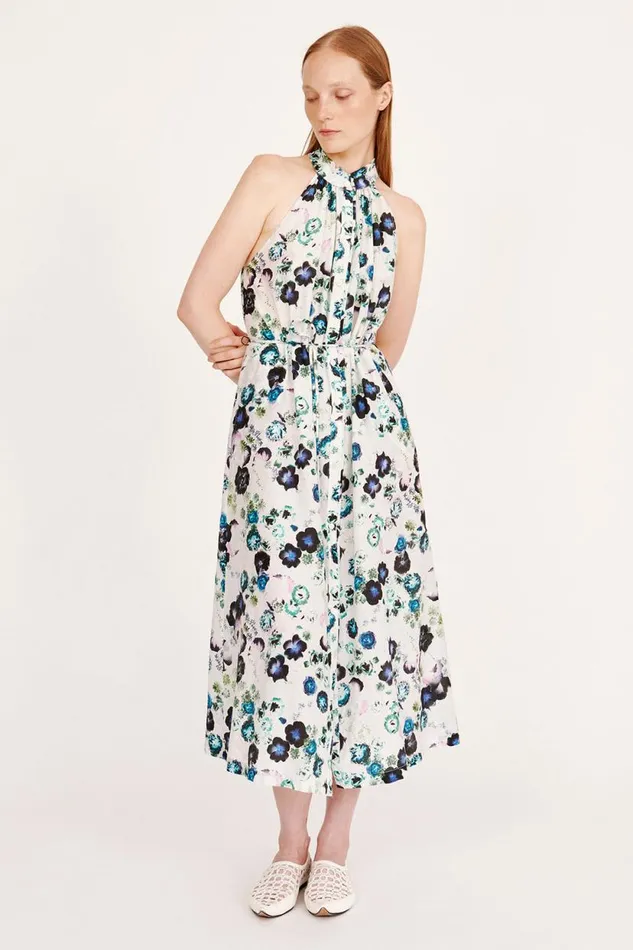 Raquel Allegra Silk Voile White Floral Halter Midi Dress Women Dresses