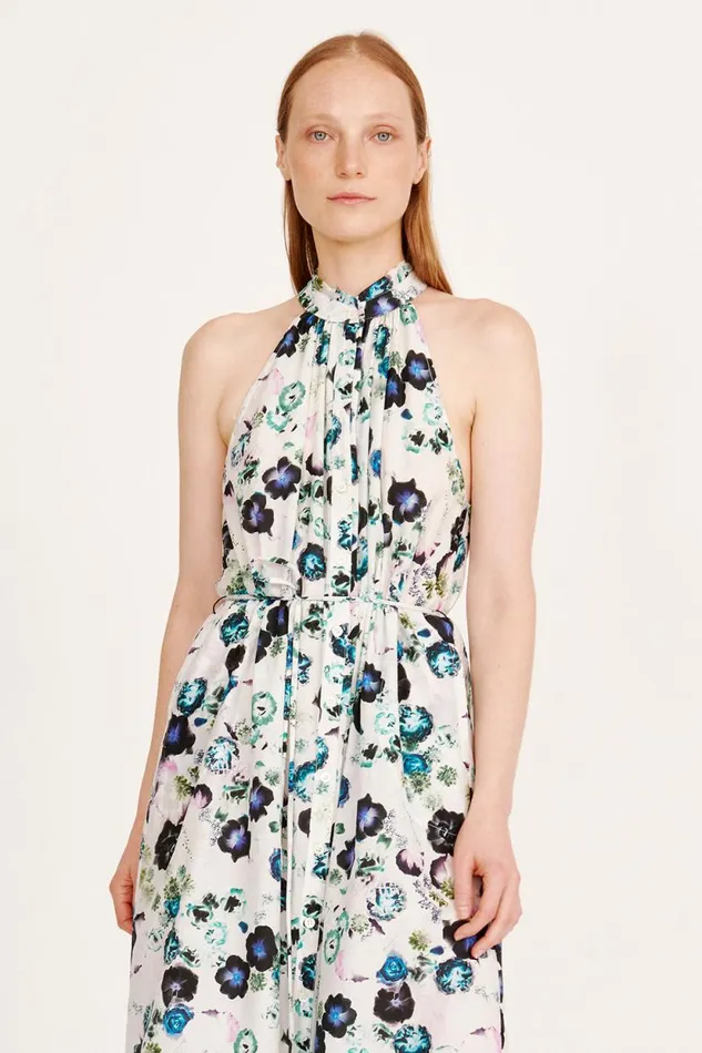 Raquel Allegra Silk Voile White Floral Halter Midi Dress Women Dresses