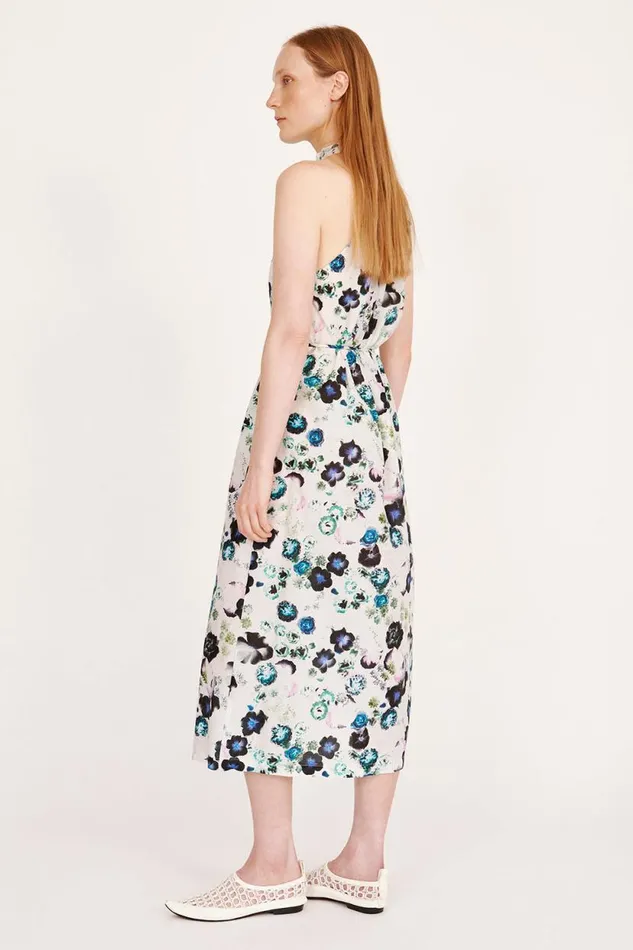 Raquel Allegra Silk Voile White Floral Halter Midi Dress Women Dresses