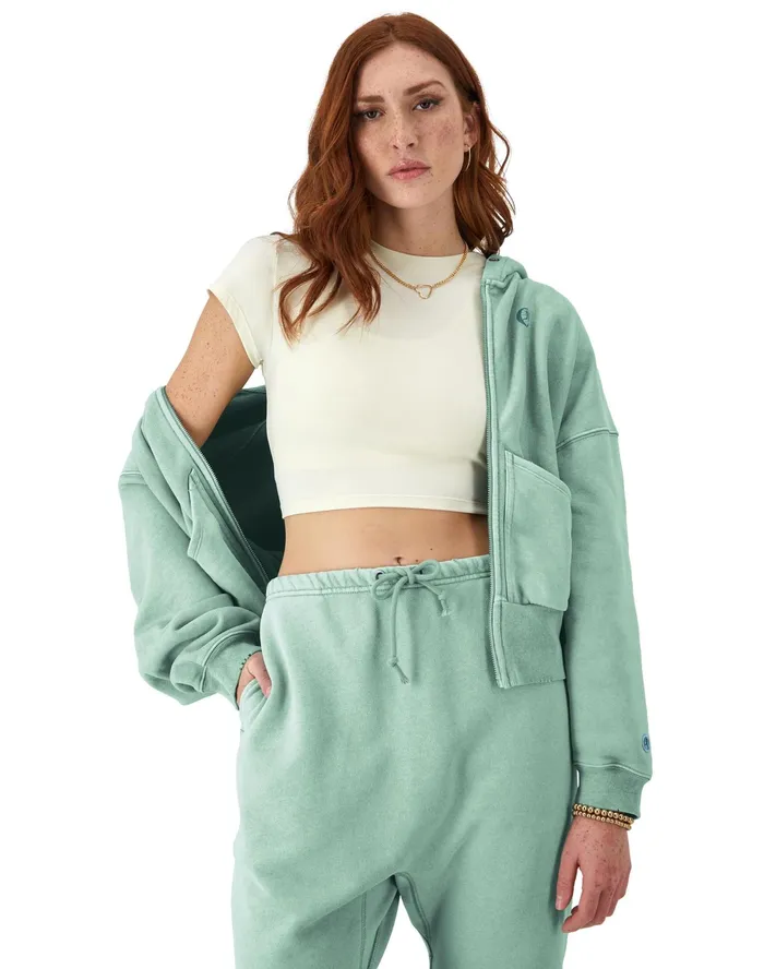 Reverse Weave ZipUp Hoodie Vintage Wash C Logo Time Capsule Sheer Water Teal Women Champion Hoodies and Sweatshirts