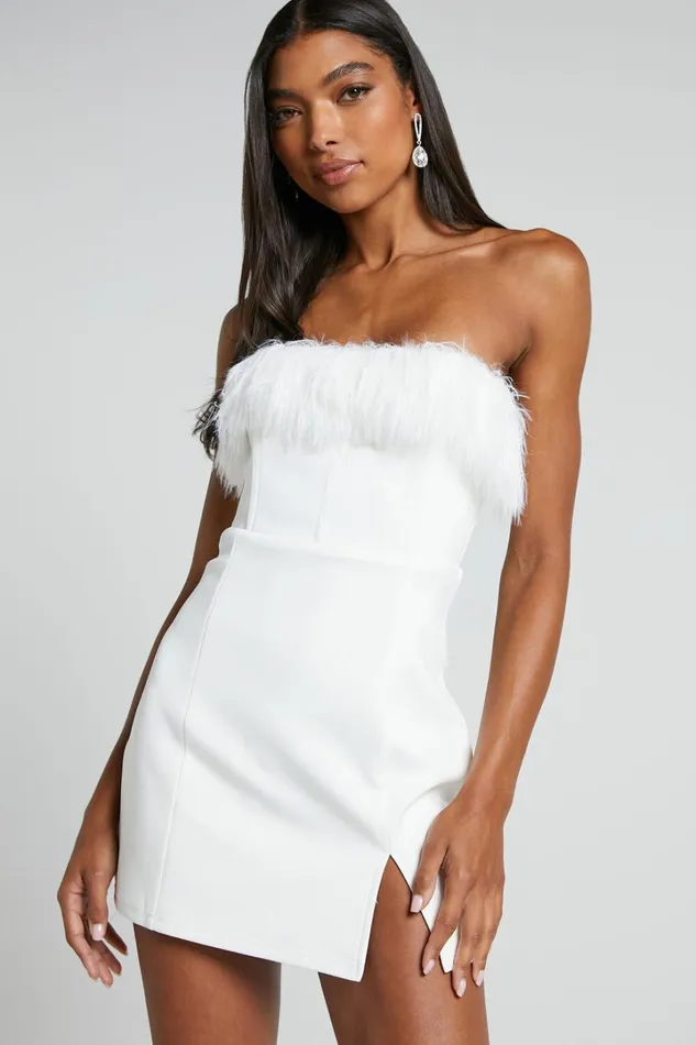 Rhaiza Mini Dress 8211 Faux Feather Trim Strapless Dress In White Women Showpo Curve Clothes Rhaiza Mini Dress 8211 Faux Feather Trim Strapless Dress In White Women Showpo Curve Clothes