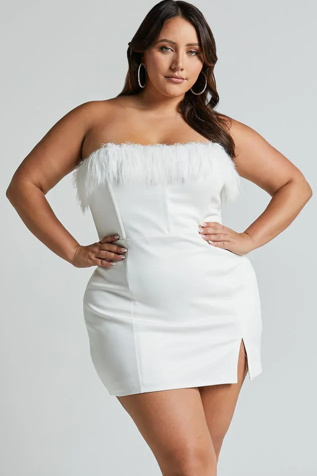 Rhaiza Mini Dress 8211 Faux Feather Trim Strapless Dress In White Women Showpo Curve Clothes