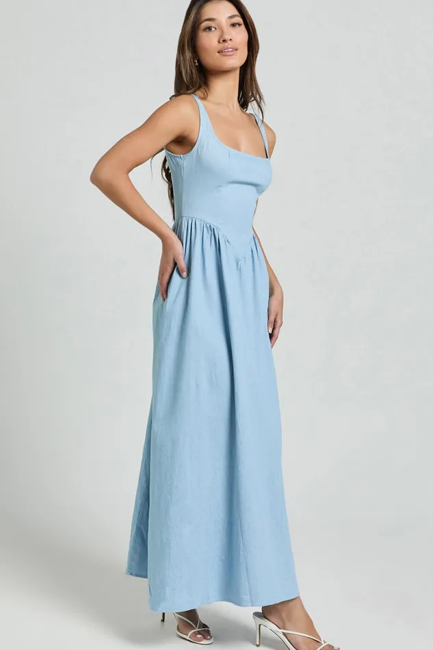 Rhaziya Midi Dress 8211 Sleeveless Straight Neck Fit And Flare Dress In Blue Women Showpo Conscious