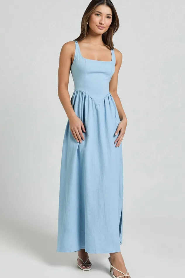 Rhaziya Midi Dress 8211 Sleeveless Straight Neck Fit And Flare Dress In Blue Women Showpo Conscious